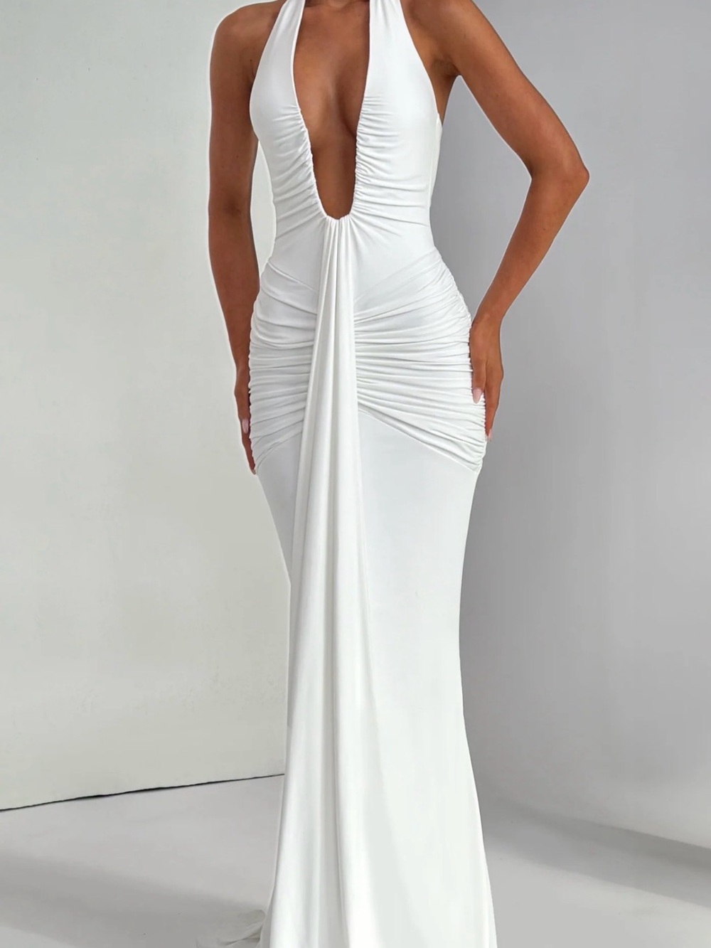 Plunging White Halter Ruched Maxi Dress
